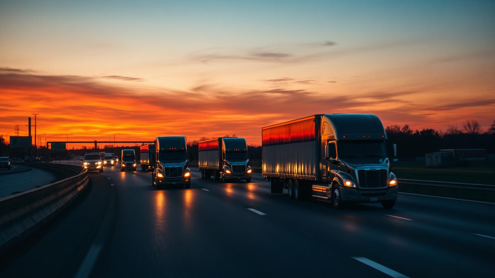 Freight trucks moving on interstate highway at dusk